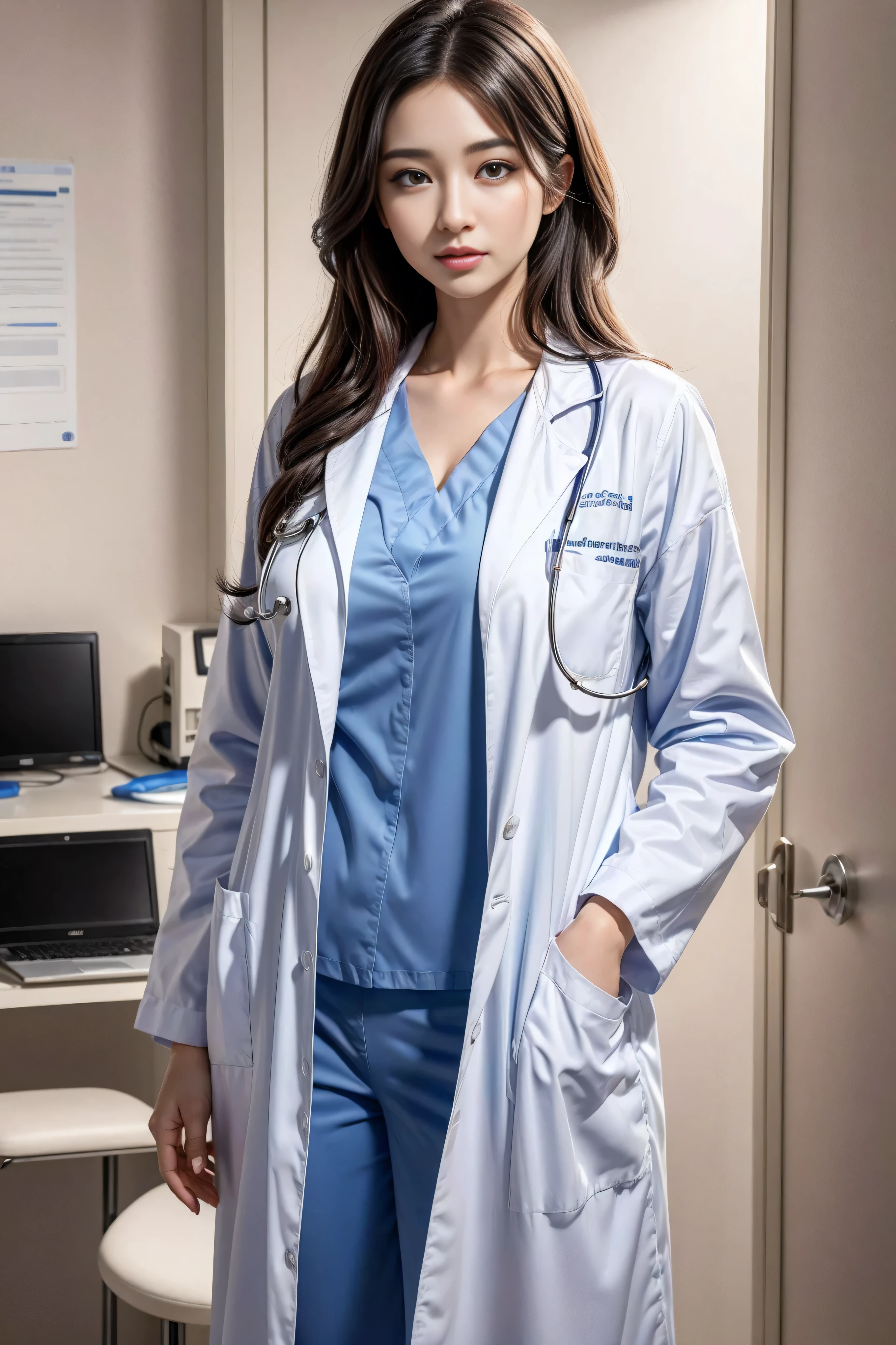 Realistic beautiful doctor、Stunningly beautiful、Doctor's white coat, Collared shirt、(Top quality、8K、32K、masterpiece、North African Trade Zone:1.3)、Ultra-high resolution,(Reality:1.4),Original Photography, Detailed face,,Beautiful hair, ((Doctor style)),,((Leg length)), (Thigh gap:1.5), , Black tight skirt、 Natural Makeup,, Big plump breasts、In the hospital, Detailed background, Perfect lighting, Depth of Field, Beautiful shadow gradient,Stethoscope ,