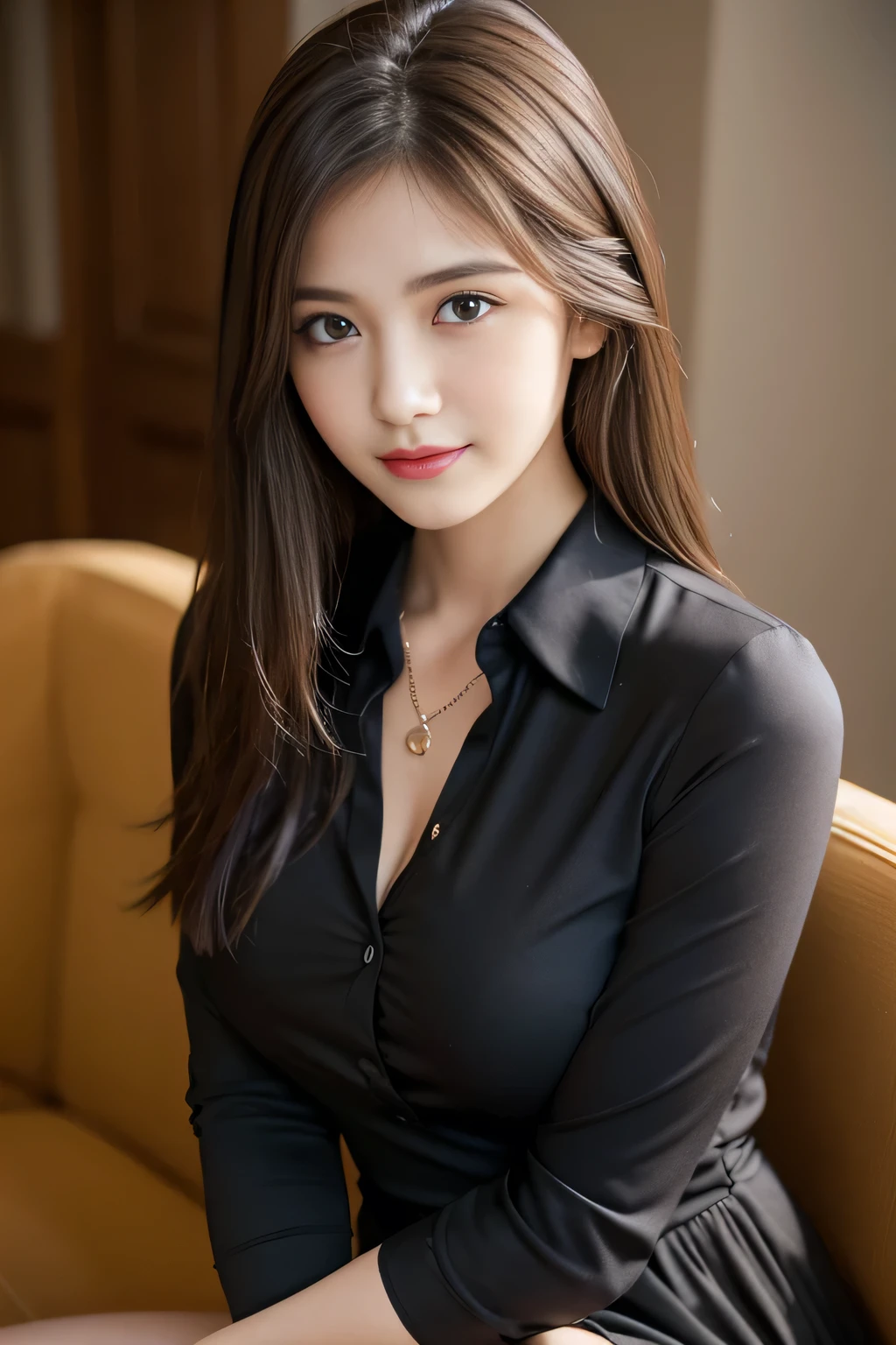 (RAW Photos), (Realistic), (masterpiece), (highest quality), High resolution, 8k, (Intricate details), (Volumetric Light), Portraiture, woman, Age 25, Medium Hair, Straight hair, Mid-chest, Accentuate your cleavage, Layered Hair, Brown Hair, Very beautiful eyes, Source order, Very thin eyebrows, Very fine skin, Very beautiful mouth, Very nice nose, Cute like an idol, smile, (Thick lips), (Looking at the audience), (black collared dress shirt), Above the knee shot,