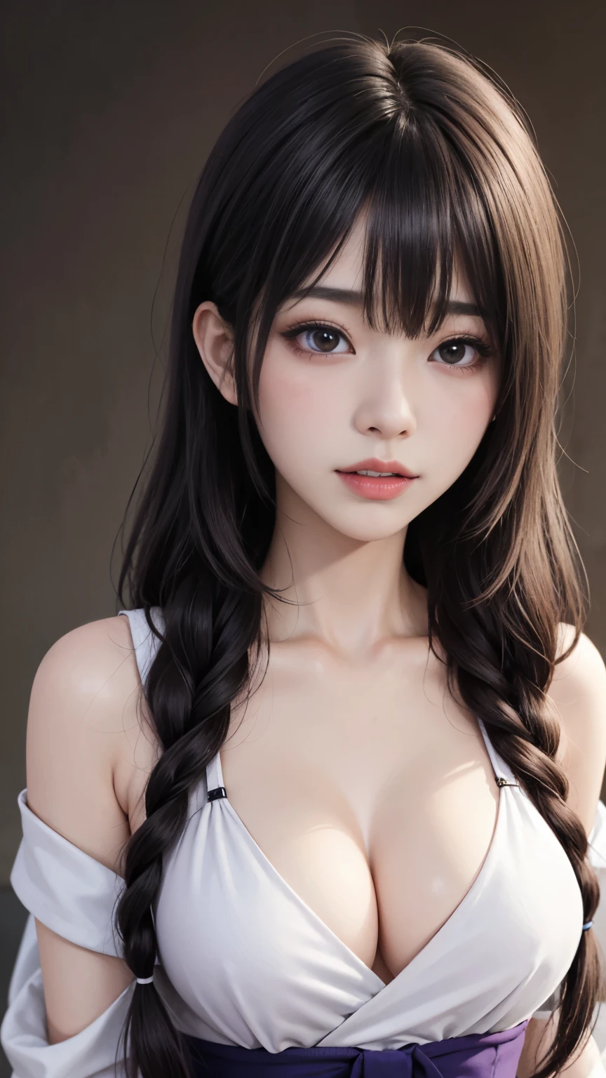 background(黒いnight空,Big Moon),Close-up of a woman,Wearing a white shirt、Purple Hair,Very long hair,very thick braids,Purple eyes,big , realistic girl rendering, 8k artistic german bokeh, Enchanting girl, Real Girl, Gurwitz, Gurwitz-style artwork, Girl Roleplay, Realistic 3D style, cgstation Popular Topics,, 8K Portrait Rendering,(truth,truth:1.4),巨big ,Sparkling eyes,Purple eyes、Captivating beauty、Attractive adult woman、Beautiful woman、Cool girl、evil female、brainwashingされた、brainwashing、Fallen into evil、Grin、邪evilな表現、邪evilな笑顔、evil、Brown Hair、Wavy Hair、Swept-apart bangs、Heavy makeup、Heavy makeup、Sharp Eye、Hollow Eyes,Half-closed eyes、Hollow Eyes、Purple Eyeshadow、Black lipstick、Black lip gloss、Long black cheongsam、Wide sleeves、night、Spooky Fortressscape Brush、Compensate、Are standing、