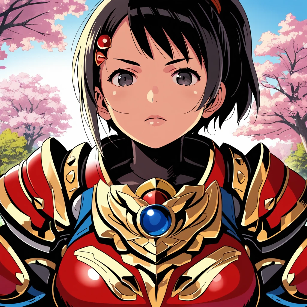 score_9,source_anime,(Masterpiece, best quality, highres, detailed:1.5),1girl,crouching ,black hair,beautiful_detailed_eyes,short hair,ponytail,close up, hair ornament,looking at viewer,wearing ninja armor,wearing kabuki mask,serious,night-time,forest,