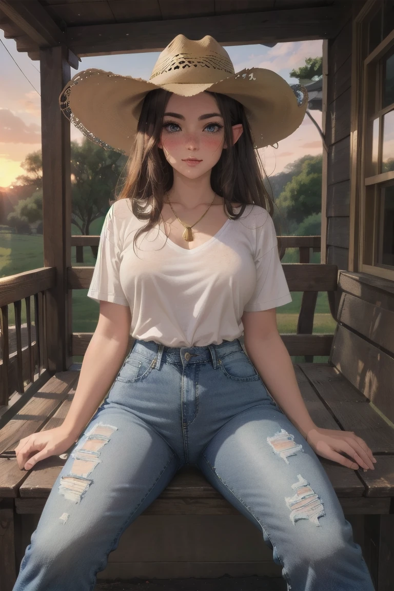 (elf girl), master piece, blushing, freckles, wide hips, slim waist, thick thighs, masterpiece, best quality, sfw, mature 36 year old woman, brown hair, moist face,  wavy hair, mouth open, shiny. lips, beutiful round eyes, black tshirt, tight jeans, mood light, soft lap light, cozy mood, Lofi astetic, the scene emulates an immense feeling of comfort and safety, high waist jeans, tight pants, ripped jeans, (large thigh rip on jeans), Beautiful eyes, the most beautiful eyes youve ever seen, shiny thighs, (extremely ripped jeans), camel toe, hands in lap, pointy ears, short sleeve, cleavege, gold necklace, looking at viewer, small breasts, cowboy hat, large cowboy hat, cowboy hat sitting low on head, shirt tucked in, outside on ranch, sitting on porch, sunset, sun setting in backround, cattle ranch, dark red sunset, leaning forward