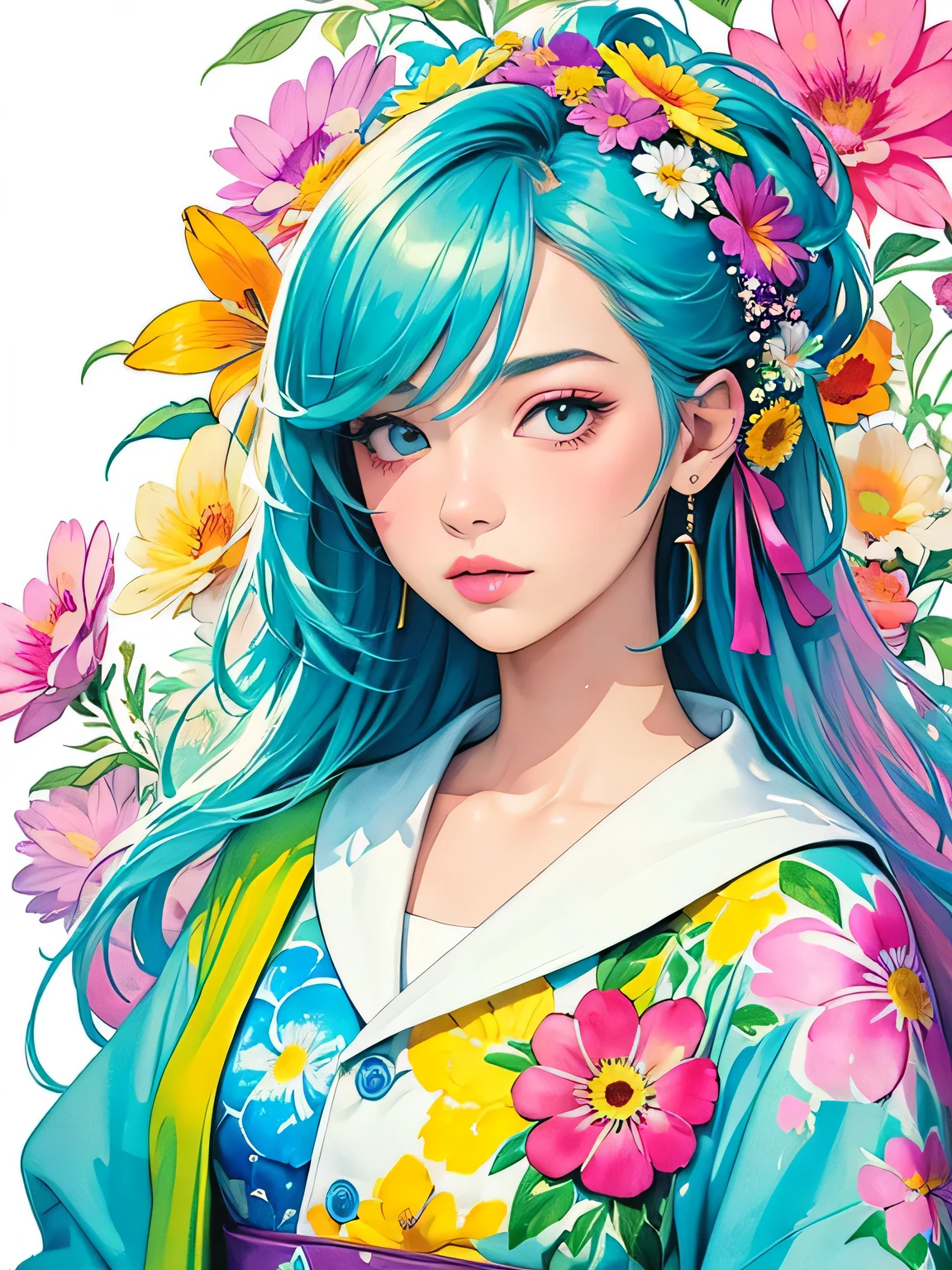 Masayo Style、(((stylish fashion))), 8K Quality、Intense watercolor, Detailed watercolor art, Watercolor splash, Surreal, avant-garde pop art, Beautiful and expressive paintings, Beautiful artwork illustration, Very colorful tones, wonderful, Cool beauty, highest quality、Official Art, Vector art, Stylish design, (((The most beautiful girl))), (((highest quality))), HDR, ((detailed)), (((Doodle Art)), ((masterpiece)), ((Super detailed)), (((Colorful flowers))),(((Stylish))),