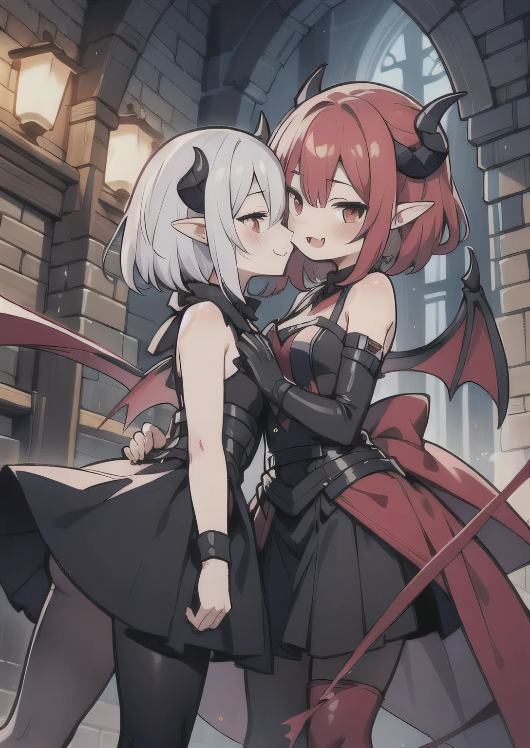 8K, femboy and girl, it, teeawaii vampire, crimson hair, short hair, red eyes, bat wings, smile, (blush), (shy), fang, pointed ears, looking at viewer, dynamic angle, wind, game cg, fantastic scenery, demon tail, thin tail, black horns, medium breast, latex, kissing, sexy, dating, dungeons, summon, magic, bulge
