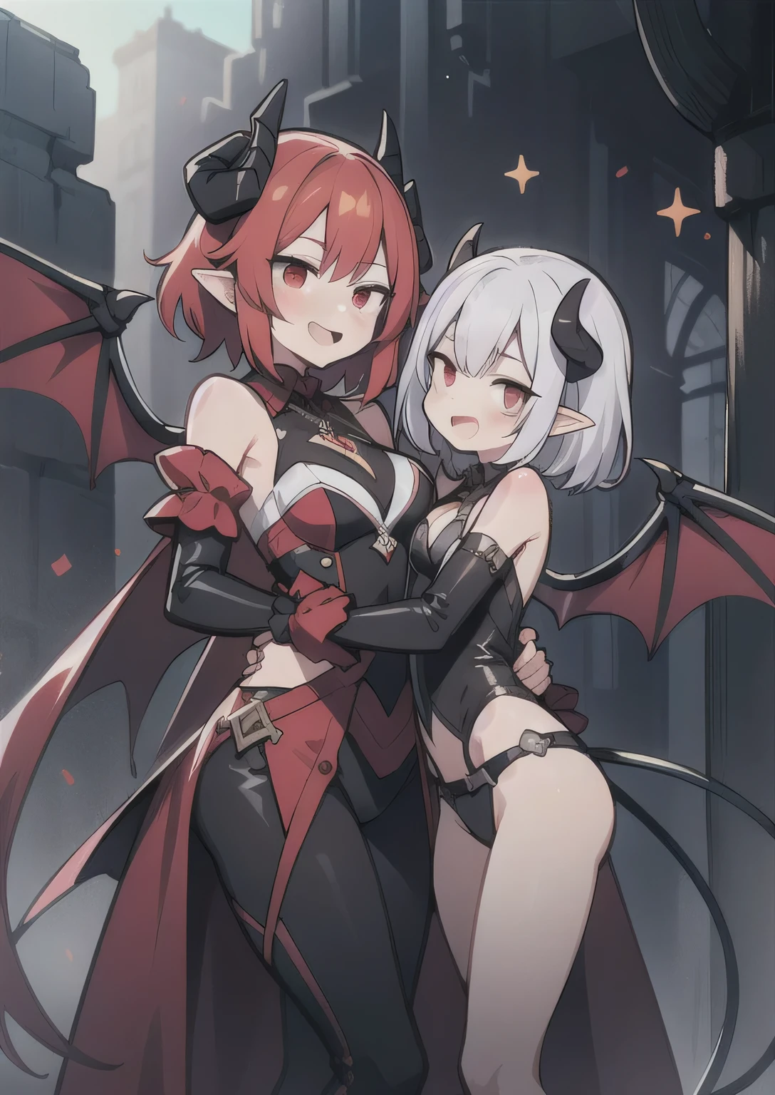 8K,  femboy and girl, it, teeawaii vampire, crimson hair, short hair, red eyes, bat wings, smile, (blush), (shy), fang, pointed ears, looking at viewer,  dynamic angle, wind, game cg, fantastic scenery, demon tail, thin tail, black horns, medium breast, latex, kissing, sexy, dating, dungeons, summon, magic, bulge