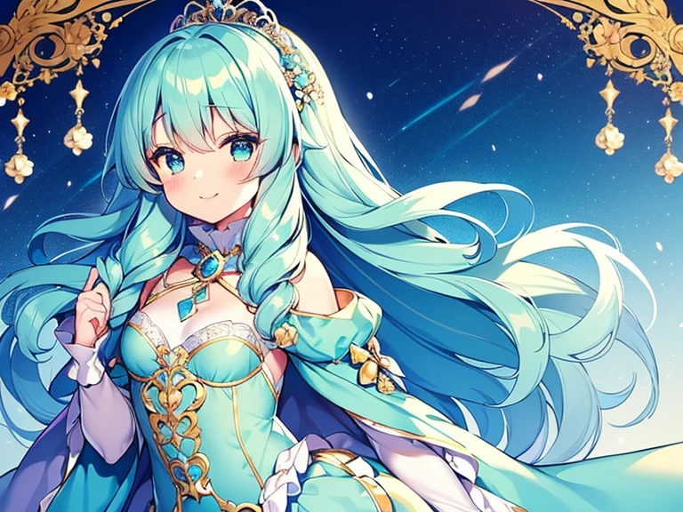 (kawaii),(best quality),(ultra detailed), upper body,(rococo style),(long train mint blue cape:1.05), very long cape,(long train mint blue ball gown with flower decorations:1.05), a girl is wearing a cape over her gown, 1 princess, tiara, smile, small breasts, very long hair