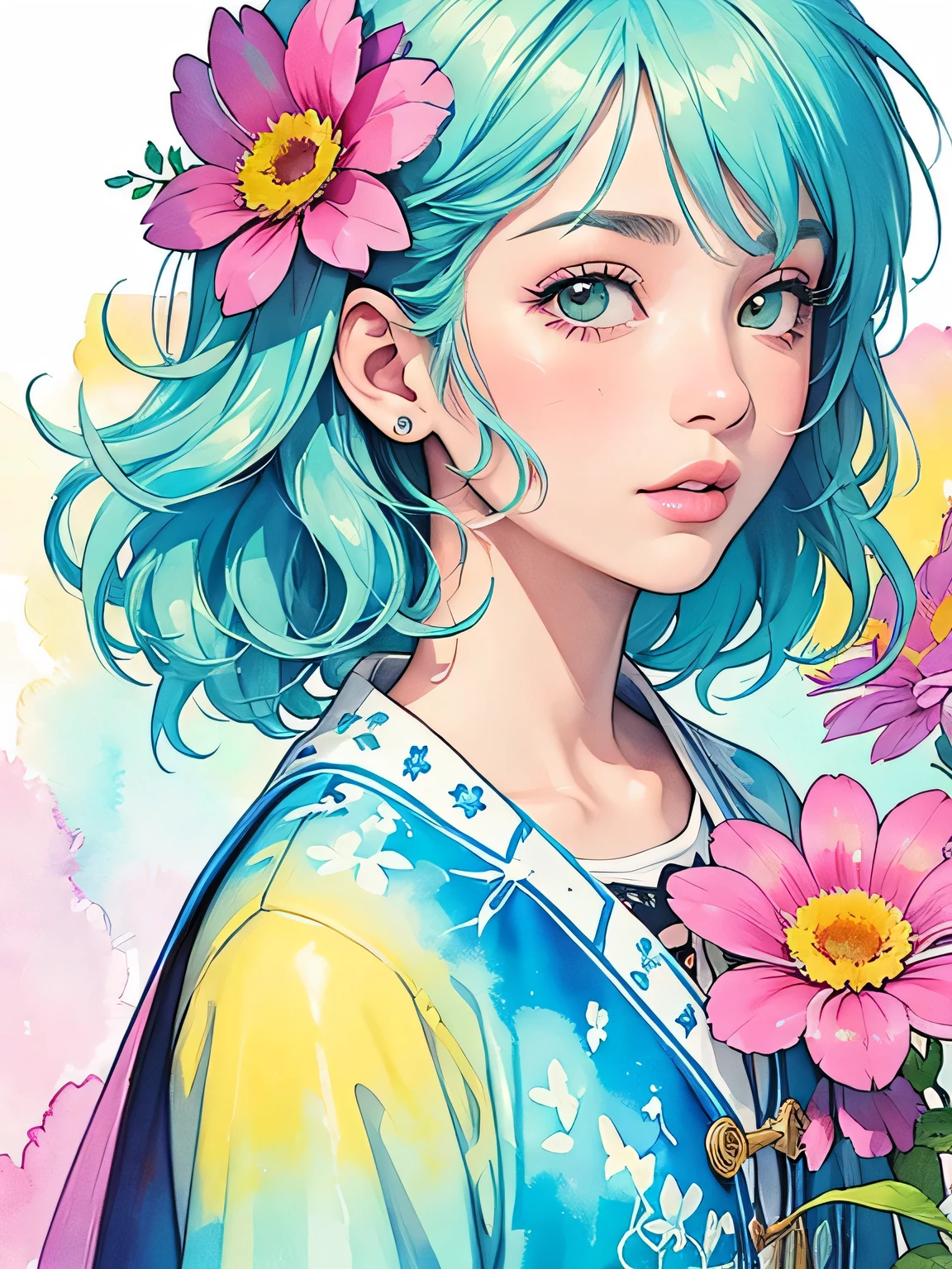 Masayo Style、(((stylish fashion))), 8K Quality、Intense watercolor, Detailed watercolor art, Watercolor splash, Surreal, avant-garde pop art, Beautiful and expressive paintings, Beautiful artwork illustration, Very colorful tones, wonderful, Cool beauty, highest quality、Official Art, Vector art, Stylish design, (((The most beautiful girl))), (((highest quality))), HDR, ((detailed)), (((Doodle Art)), ((masterpiece)), ((Super detailed)), (((Colorful flowers))),(((Stylish))),
