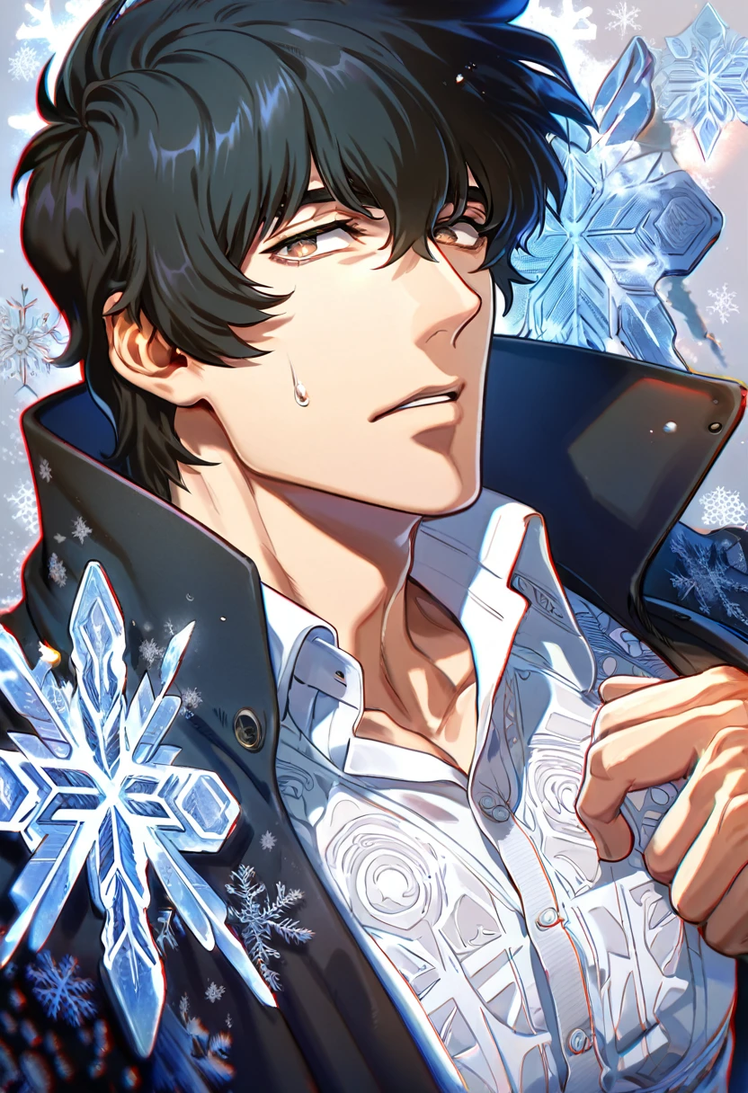 Ultra detailed, HDR, Highres, absurdres, master piece, Steven A. Starphase, black hair, expressive brown eyes, black coat with patterns, Kekkai Sensen, ice butterflies, winter, ice, snowflakes, white flowers, sexy man, solo, extremely detailed face and eyes, handsome, glittering, toned chest, white shirt,