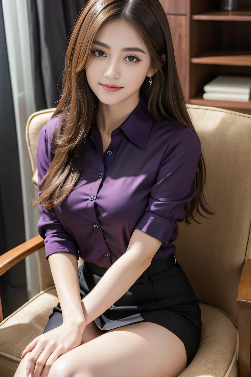 (RAW Photos), (Realistic), (masterpiece), (highest quality), High resolution, 8k, (Intricate details), (Volumetric Light), Portraiture, woman, Age 25, Medium Hair, Straight hair, Mid-chest, Layered Hair, Brown Hair, Very beautiful eyes, Source order, Very thin eyebrows, Very fine skin, Very beautiful mouth, Very nice nose, Cute like an idol, smile, (Thick lips), (Looking at the audience), (See-through collared dark purple shirt), Above the knee shot、Sitting on a chair