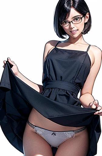 (masterpiece), (8k, best quality, high resolution), (ultra-detailed, realistic), (anatomically correct),
((from head to thighs)), (Standing), (No background),
(1woman), (looking at viewer), ((Pick up the hem of the dress with both hands so that your navel is visible)), ((show the navel)), (A Japanese woman, 30 years old and 155cm tall),
(black hair), (straight hair), (short hair style), ((bob cut)), (hair behind ears),
(wear glasses), ((black cell frame glasses)),
((Wear a navy blue spaghetti strap dress)), ((Mini length dress with a simple design and minimal decoration)),
(wear panties), ((white panties)),
(Create a detailed image of the eye),
(Her impression is pure, clean and kind.),
((A captivating smile, just showing a few teeth.)),
