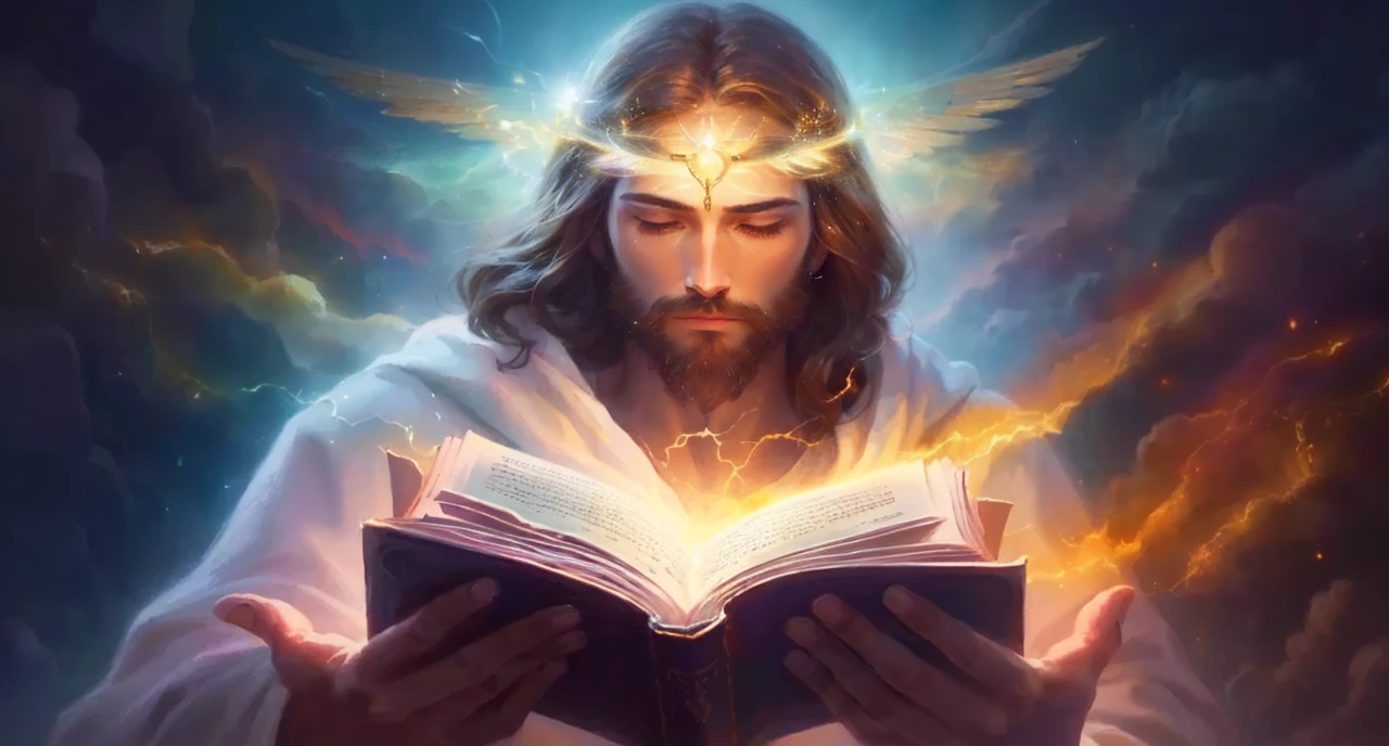 A painting of Jesus reading a book with a shining halo, bible illustration, holy fire spell art, O Senhor e Salvador, Jesus Cristo, imagens religiosas, sua mente contemplando a eternidade, holy flame spell, glowing halo above his head, beautiful depiction, imagens sagradas, arte conceitual de deus, Directed by: Aleksander Gierymski, artistic depiction, Raios de Luz Sagrada Sagrada