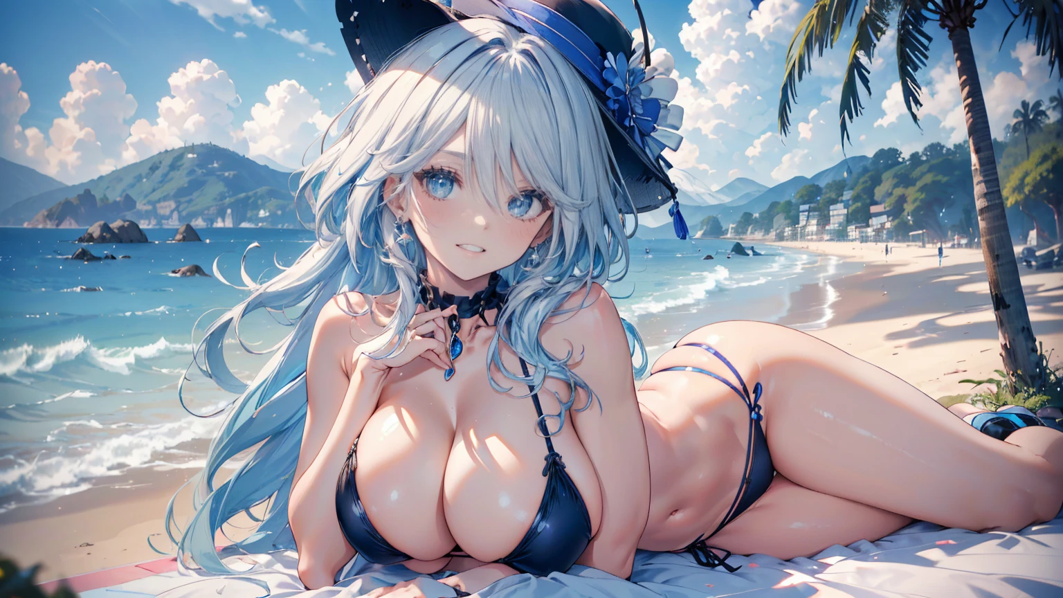 ((masterpiece, high resolution, better quality, better details)), (anime), a woman lying on a bed on the beach, ((toothy smile)), ((royal blue micro bikini with black details)), ((thong bikini)), cleavage, black neck choker, large straw hat, white hair with blue highlights, shiny skin, ((slender body)), front view, beach landscape, wide hips, slim waist, big breasts,