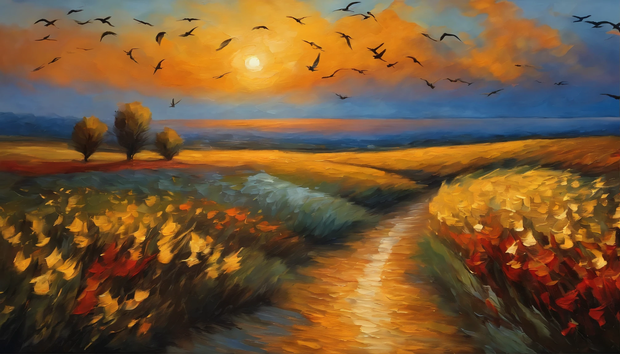A van Gogh style painting of free birds at sunset: oil painting, vibrant colors, golden sun, swirling brushstrokes, expressive sky, flying birds, flock of birds in motion, vibrant sunset palette, impressionistic style, textured canvas, post-impressionism, dramatic composition, swirling clouds, bird silhouettes, warm hues, dynamic movement, thick impasto, atmospheric perspective, rich color contrast, textured landscape, artistic interpretation, captivating evening scene, masterful brushwork, ethereal ambiance, intricate details, lively and spirited, evocative atmosphere. (best quality, highres:1.2), ultra-detailed, (realistic:1.37), HDR, vivid colors, bokeh, studio lighting.