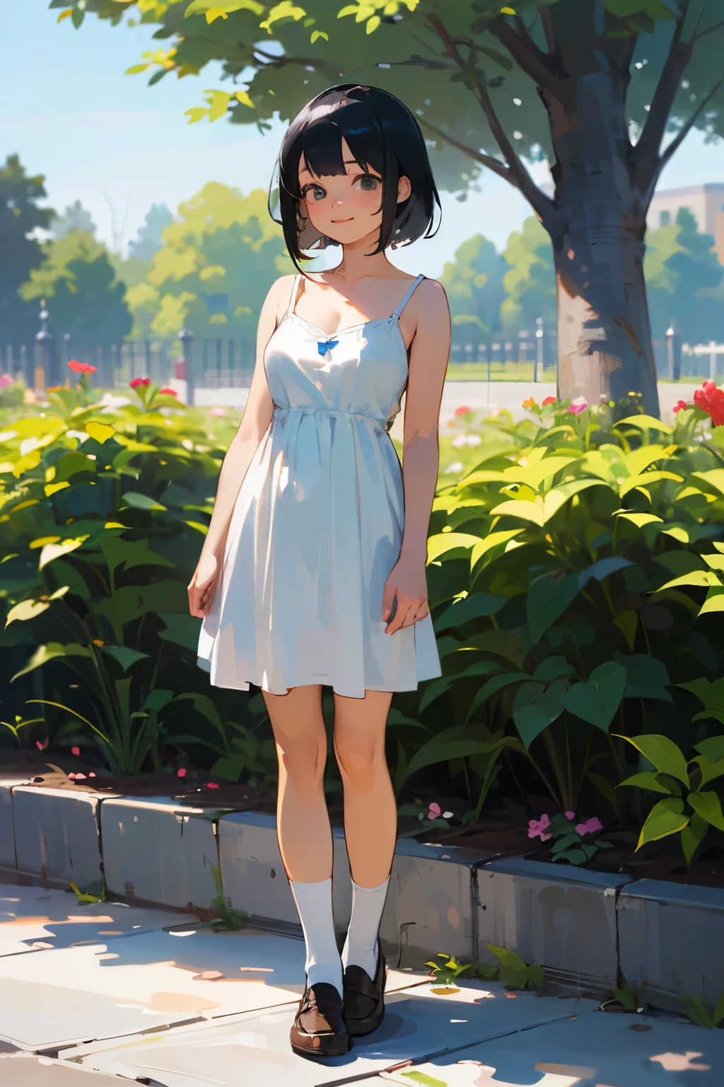 (high quality, High resolution, Very detailed, reality:1.37), Peaceful atmosphere, (Outdoor, garden), Teenage girl standing alone, (my breasts are big.), Beautiful details, Cute Smile, (Black bob hair), White camisole dress, White socks, loafers.