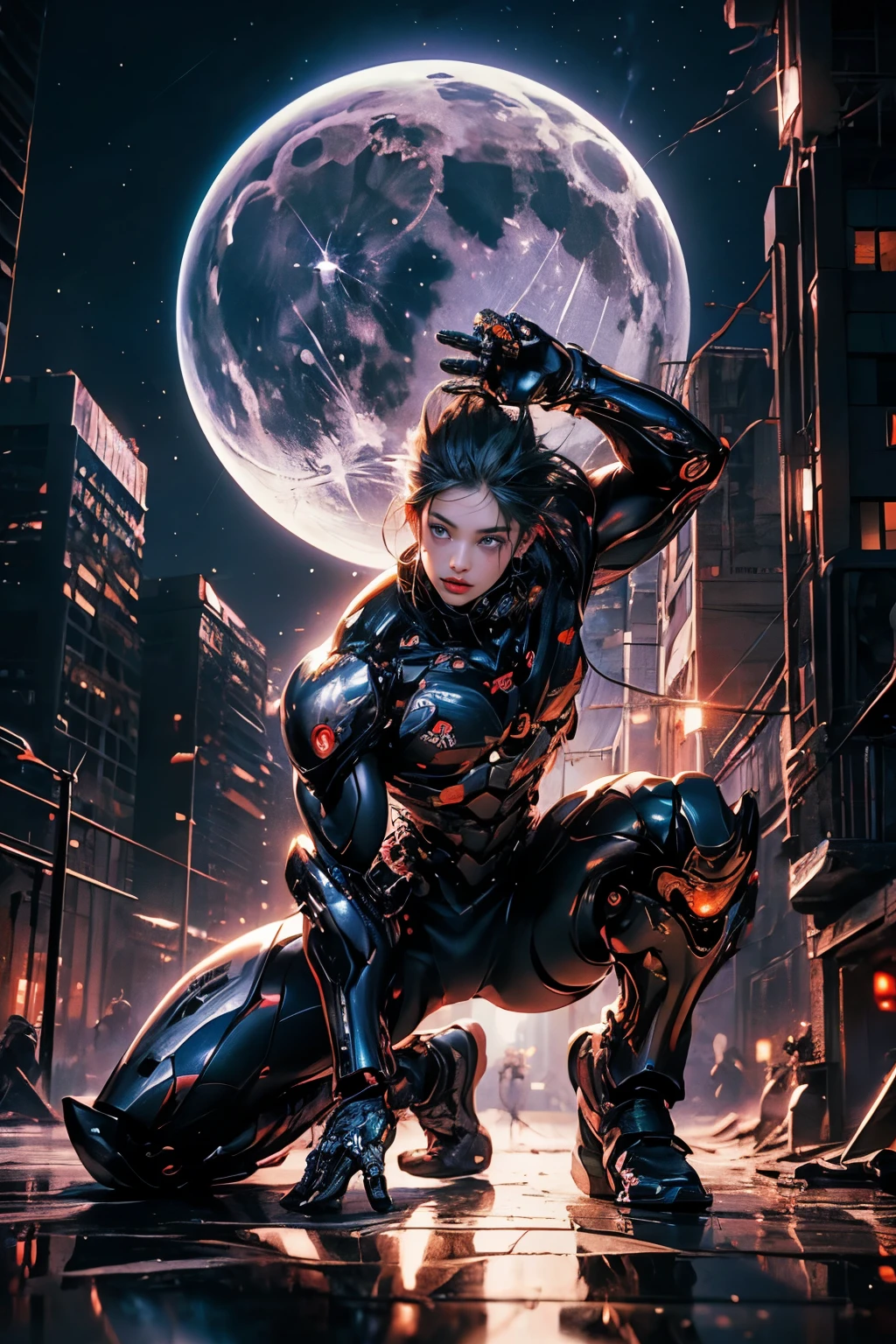 CG Mecha, Beautiful eyes, Upper body, Mechanic Armor, Portrait,Jet boots、flying though the air、patrol、 police officers、flawless、Neon light, 8K, raw, Best Quality, masutepiece, 超A high resolution, Colorful, (medium wide shot), (Dynamic perspective), sharp focus , (depth of fields, Bokeh:1.3), extremely detailed eye and face,ninjartist, Beautiful detailed eyes, Trimmed gear:1.2), ((masutepiece, Best Quality)), Detailed background, Inside the spacecraft、Hold your weapon、（Gray hair）、brue eyes、poneyTail、dirty、bio luminescent、fullmoon、Photographed with Canon R5、Get down on one knee、Dark Fantasy,​masterpiece、movie、art by、law、psychedelic
