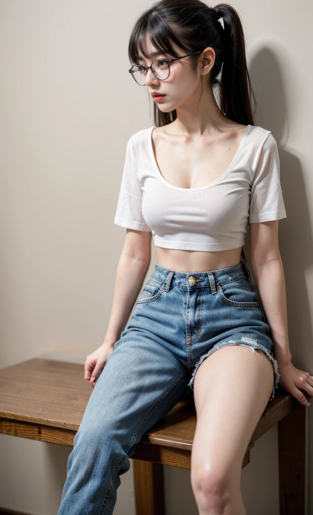 1girl, 18 years old busty woman, shy, eye_glasses, black hair, twintail, bangs, pink blush, white crop top t-shirt, cleavage, big , small waist, crotch_belly, denim mini skirt, thicc_thighs
thighs, legs, knees, perfect fingers, abandoned house, nightime, back against the wall, sitting on a lamp table, slim figure,