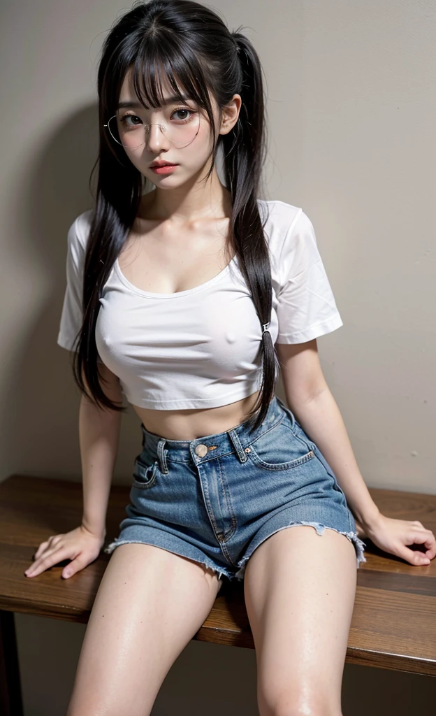 1girl, 18 years old busty woman, shy, eye_glasses, black hair, twintail, bangs, pink blush, white crop top t-shirt, cleavage, big , small waist, crotch_belly, denim mini skirt, thicc_thighs
thighs, legs, knees, perfect fingers, abandoned house, nightime, back against the wall, sitting on a lamp table, slim figure,