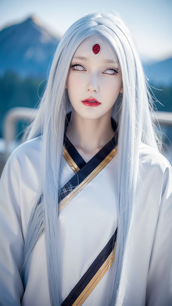 a close up of a person with long hair and a hoodie, otsutsuki kaguya, kaguya from anime naruto, as an anime character, perfect anime face, she has white hair with bangs, female anime character, anime character, anime best girl, hime cut hairstyle, white hair, (red glossy lips:1.3), white eyes, smile, city background, (beautiful face:1.3)