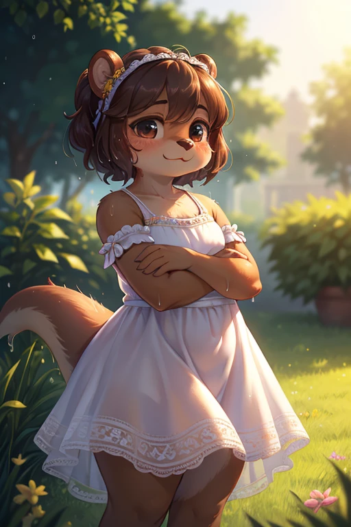 rococo style , Bokeh , focus face , 1 hairy mature otter girl , Short stature , realistic hairy fur , Round face, swollen cheeks, moist round eyes , hair ties , wet summer dress , in the grass garden , Water splashes , (underwear is slightly visible:0.8)