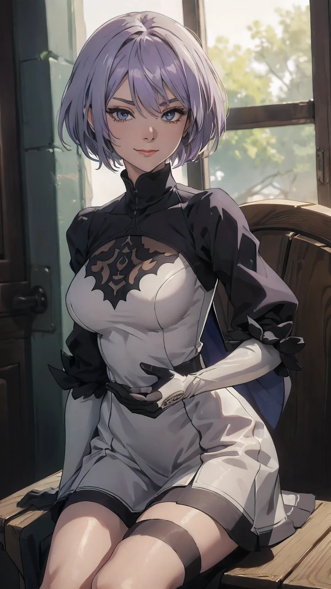 extremely detailed CG unity 8k wallpaper), (masterpiece), (best quality), (ultra-detailed), (best illustration), (best shadow), (absurdres) ,(detailed eyes), 2b, 1girl, short hair, purple hair, solo, Intimidating women, admiral uniform, night, sitting on the chair, pose, white clothes, General Uniform, Military Uniform, Sunlight, exposed to sunlight,commander, fighting pose, wearing cape, smiling