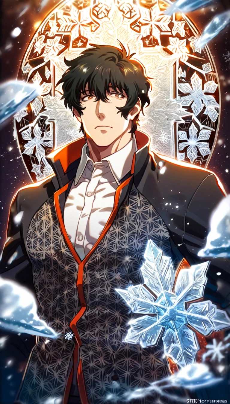 Ultra detailed, HDR, Highres, absurdres, master piece, Steven A. Starphase, black hair, expressive brown eyes, black coat with patterns, Kekkai Sensen, ice butterflies, winter, ice, snowflakes, white flowers, sexy man, solo, extremely detailed face and eyes, handsome, glittering, toned chest, white shirt,