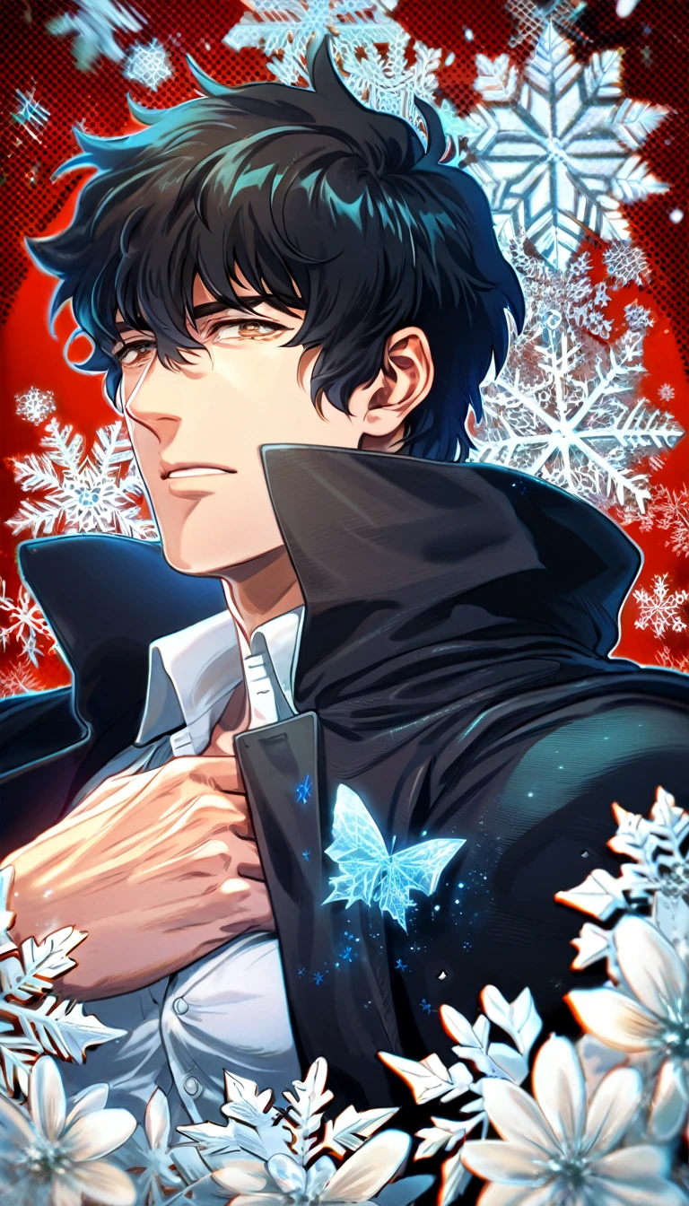 Ultra detailed, HDR, Highres, absurdres, master piece, Steven A. Starphase, black hair, expressive brown eyes, black coat with patterns, Kekkai Sensen, ice butterflies, winter, ice, snowflakes, white flowers, sexy man, solo, extremely detailed face and eyes, handsome, glittering, toned chest, white shirt,