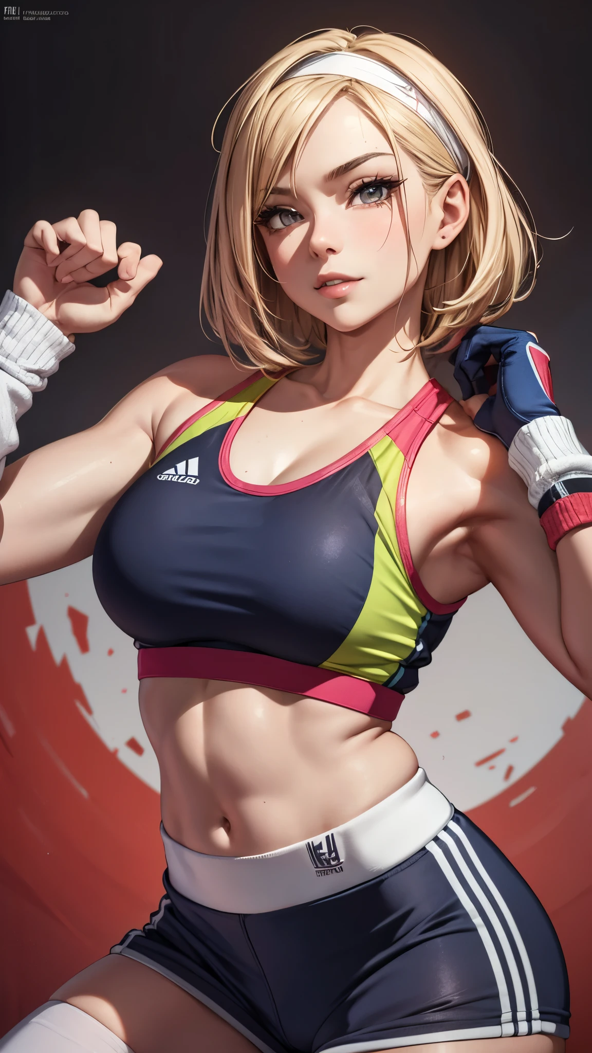(best quality,4k,8k,highres,masterpiece:1.2),ultra-detailed,(realistic,photorealistic,photo-realistic:1.37),inside the sports gym,dance studio,full body,very slender body,beautiful detailed eyes,beautiful detailed lips,extremely detailed eyes and face,longeyelashes,lean and fit body,confident smile,energetic pose,attractive appearance,colorful background,vibrant colors,studio lighting,bokeh,female artist, girl,professional,blonde short bob hair,((sweatband)),aerobics instructor,grin,sweat,active lifestyle,sporty look,sports bra,shorts,((socks,race-up-long-boots)),flexible movements,slenderness body,shiny texture,sculpted figure,progressive fitness environment,positive attitude,healthy glow,fitness motivation,dedicated trainer