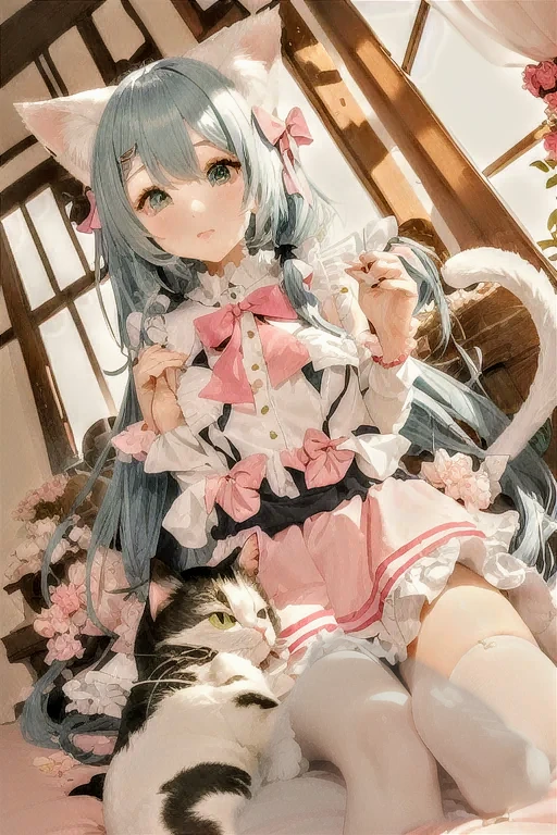 Close-up of a woman posing in a cat costume, Very Beautiful Anime Cat Girl, cute Anime cat girl, Charming cat girl, beautiful Anime cat girl, Pink pigtails and cyan eyes, Anime cat girl, Cat ears anime girl, Very beautiful cute cat girl, Cute 3D anime girl render, Anime cat girl in maid clothes