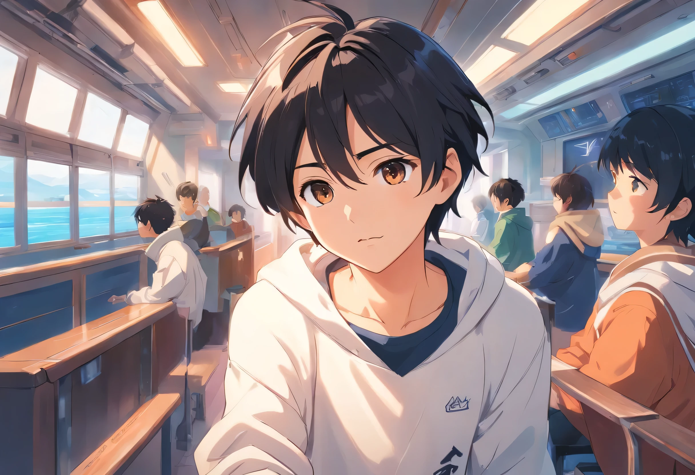 character ship! Different positions, angles, postures and expressions 20 year old college boy white sweatshirt black hair black eyes intelligence