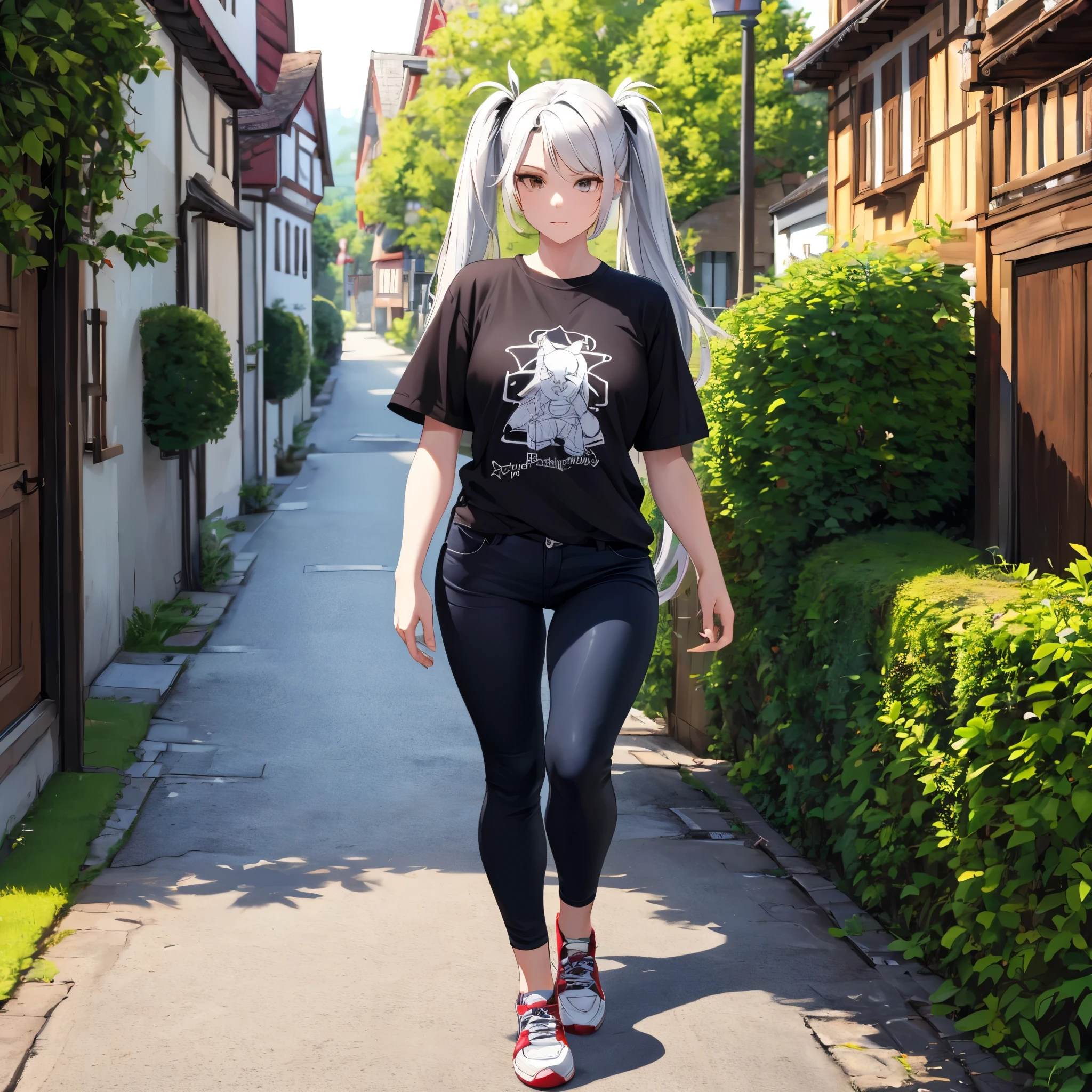 A woman wearing a casual black shirt (with white kanji writing on the shirt), wearing black jeans, wearing casual sneakers, long white hair, pigtails, red bangs, walking on an old paved sidewalk, in a traditional German town , traditional German houses in the background, some trees on site, full boy, stereogram, tachi-e, point of view, atmospheric perspective, 8k, superdetail, accurate, best quality, award-winning, textured skin, high resolution, anatomically correct, bokeh effect, ((woman solo).
