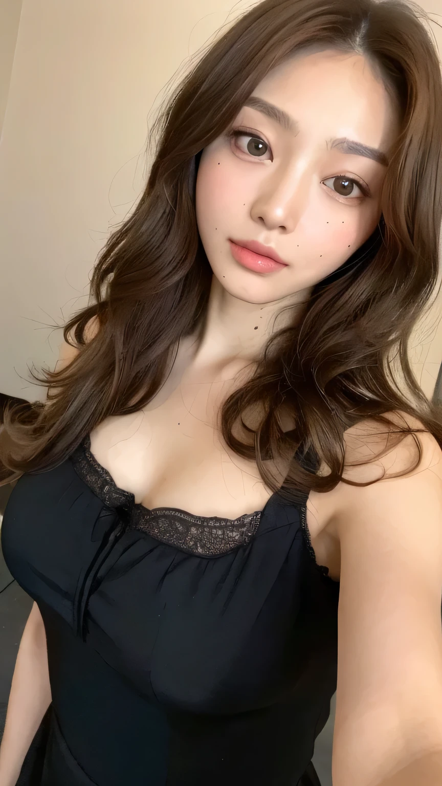 ((highest quality, 8k, masterpiece: 1.3)), 1 female, Japanese Mature,Sensual beauty: 1.3, (Hair style Brown hair Medium curly, big: 1.2), Black Nightwear: 1.1, Super slender face, Delicate eyes, double eyelid, Dimples,Mole, Home,Plump body,very thick legs,Cowboy shot from above,