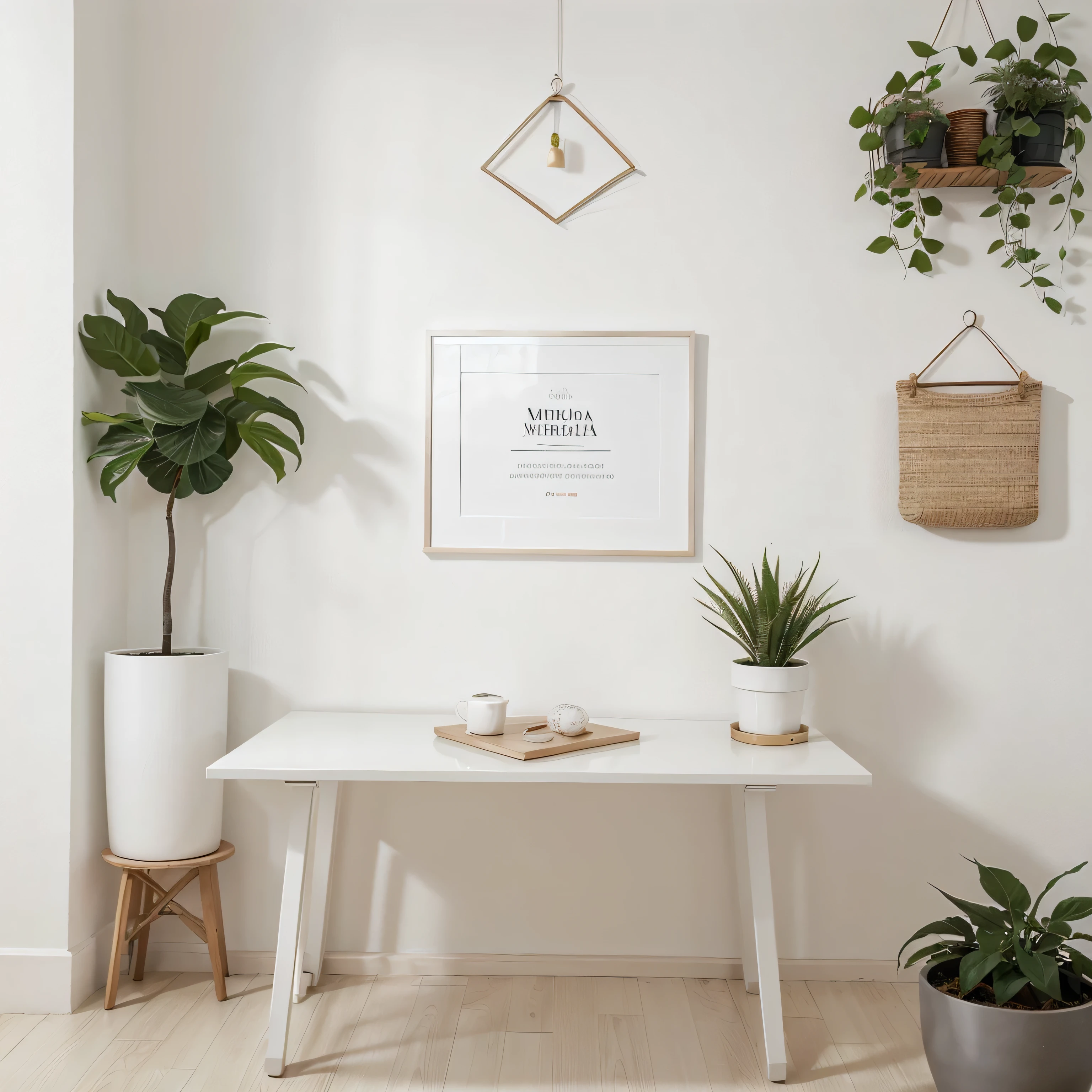 there is a picture frame and a plant in a pot on a table, em uma mesa branca, moldura branca, Quadro de borda branco, em um quadro, emoldurado na imagem, molduras, moldura branca border, borda branca e fundo, product introduction photo, poster template on canva, com fundo branco, background is white and blank, quadro fino alto