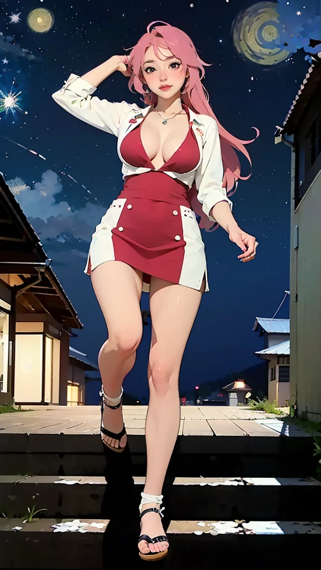 ((((highest quality)))), (((Ultra-precision CG 16K))), (((masterpiece))), (((Very detailed))), (((Extremely detailed))), (((Black outline:1.3, Written boundary depth:1.3 , Written soft outline))), Blur, Bokeh, Maximum clarity and sharpness,Multilayer Texture, Surface Shading, Cinematic lighting, Beautiful details sparkle ,Perfect Proportions, Limited to one woman, break beautiful hair, Beautiful Japanese Idol face, Beautiful and beautiful eyes, Beautiful body, Beautiful breasts, Beautiful thighs, Beautiful legs, Beautiful fingers, (Beautiful views) , skinny body, eight-headed body, ((Beautiful Skin)), ((Skin Texture)) BREAK breast enlarged, medium Breasts, perky tits, (blush, smiling:1.3, pink cheek, narrow eyes, 20 years, Attractive adult woman , anime gyaru , Big eyes) , twin braid, Long Hair, Striped Hair, Hair Intake, Inner hair color, BREAK (oversized knit fashion), nail art, necklace, Bridal Ring, wearing a watch BREAK (((standing on steps , Running hand through hair, from front, from below, full body Shot, long shot, looking above, ((rural street at starry night))