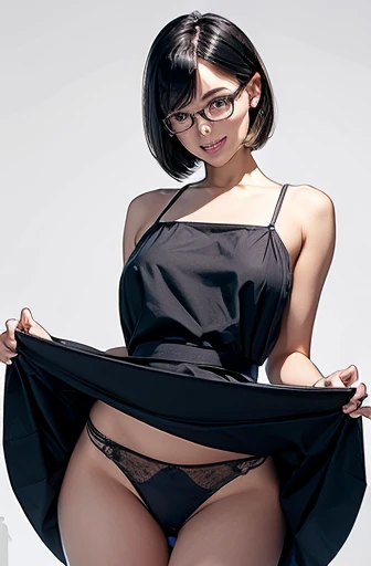 (masterpiece), (8k, best quality, high resolution), (ultra-detailed, realistic), (anatomically correct),
((from head to thighs)), (Standing), (No background),
(1woman), (looking at viewer), ((Pick up the hem of the dress with both hands so that your navel is visible)), ((show the navel)), (A Japanese woman, 30 years old and 155cm tall),
(black hair), (straight hair), (short hair style), ((bob cut)), (hair behind ears),
(wear glasses), ((black cell frame glasses)),
((Wear a navy blue spaghetti strap dress)), ((Mini length dress with a simple design and minimal decoration)),
(wear panties), ((white panties)),
(Create a detailed image of the eye),
(Her impression is pure, clean and kind.),
((A captivating smile, just showing a few teeth.)),