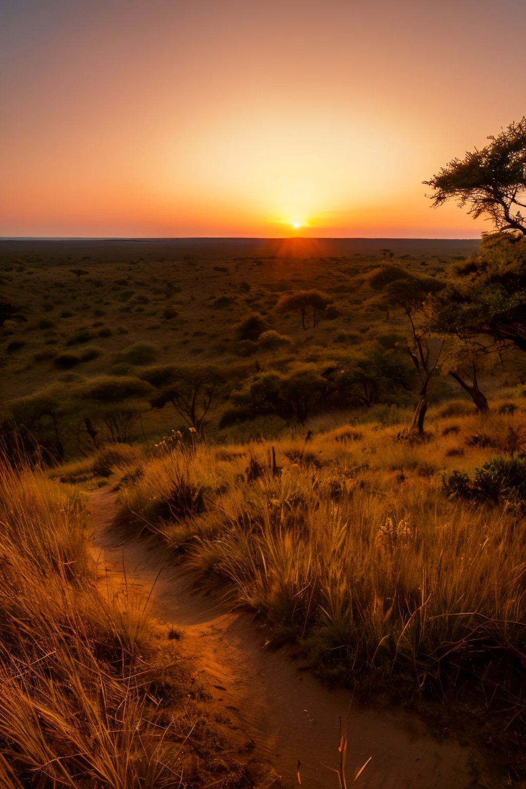 A giraffe's-eye view of the dry forest savanna at sunset