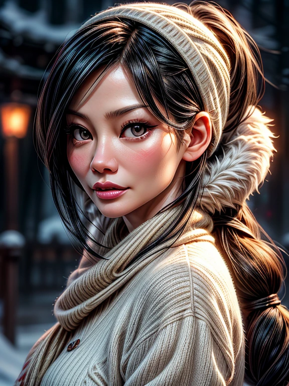{Lucy Liu, linda, neve, frio, cachecol, toca, caneca branca grande.