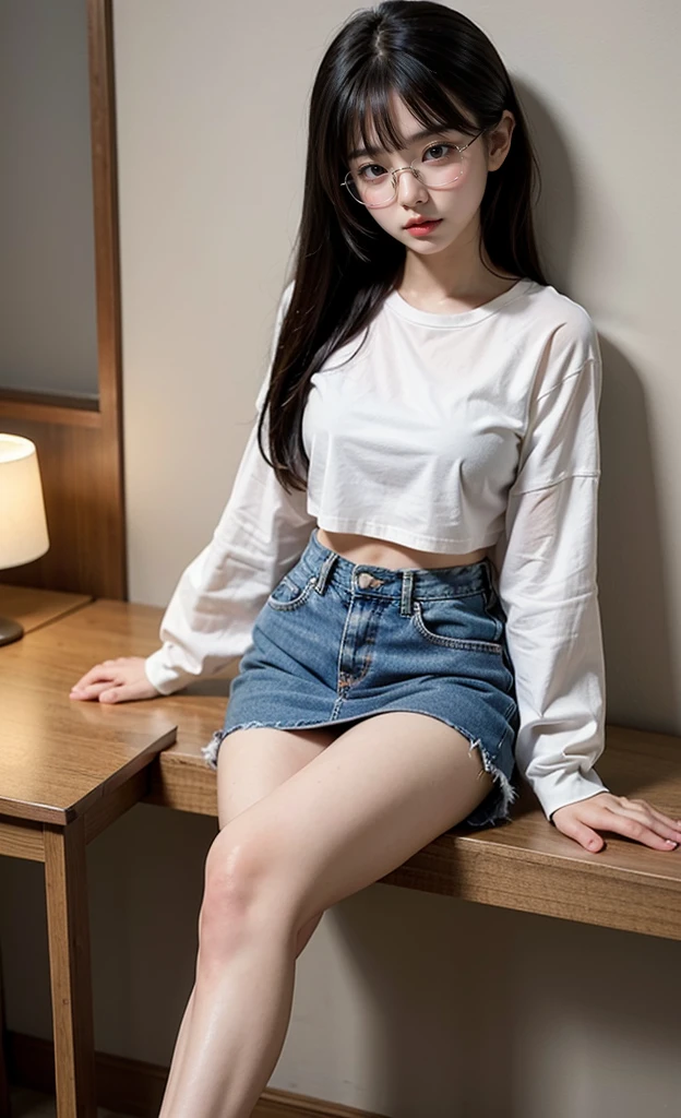 1girl, 18 years old busty woman, shy, eye_glasses, black hair, twintail, bangs, pink blush, white crop top t-shirt, overhang, cleavage, big , small waist, crotch_belly, denim mini skirt, thicc_thighs
thighs, legs, knees, perfect fingers, abandoned house, nightime, back against the wall, sitting on a lamp table, slim figure,