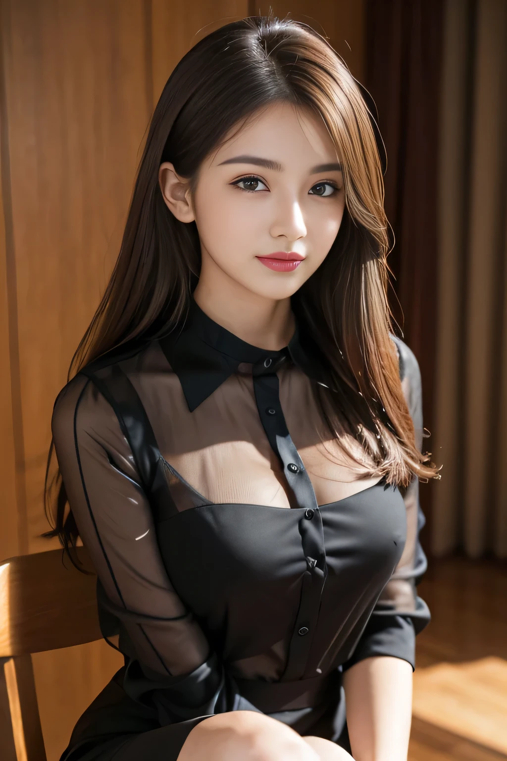 (RAW Photos), (Realistic), (masterpiece), (highest quality), High resolution, 8k, (Intricate details), (Volumetric Light), Portraiture, woman, Age 25, Medium Hair, Straight hair, Mid-chest, Layered Hair, Brown Hair, Very beautiful eyes, Source order, Very thin eyebrows, Very fine skin, Very beautiful mouth, Very nice nose, Cute like an idol, smile, (Thick lips), (Looking at the audience), (Black dress shirt with see-through collar), Above the knee shot、Sitting on a chair