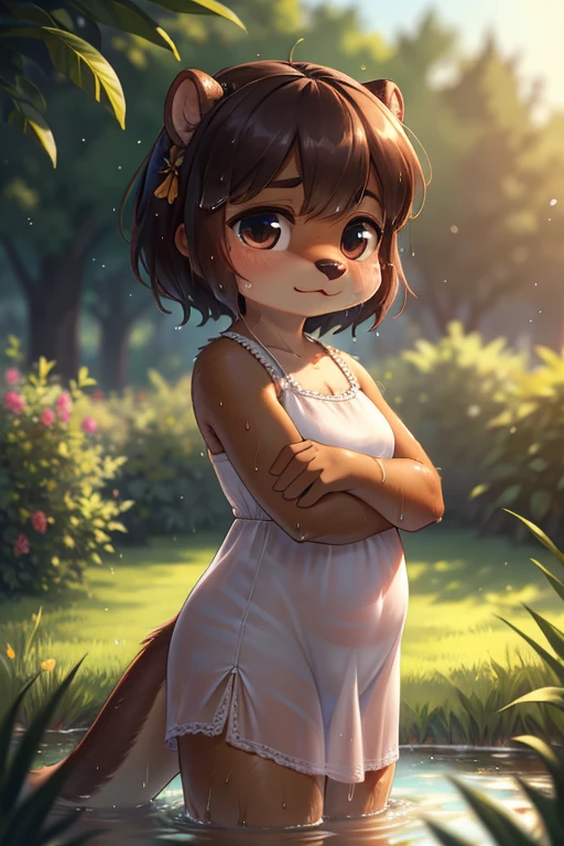 Realism style , Bokeh , focus face , 1 hairy mature otter girl , Short stature , realistic hairy fur , Round face, swollen cheeks, moist round eyes , hair ties , wet summer dress , in the grass garden , Water splashes , (underwear is slightly visible:0.8)