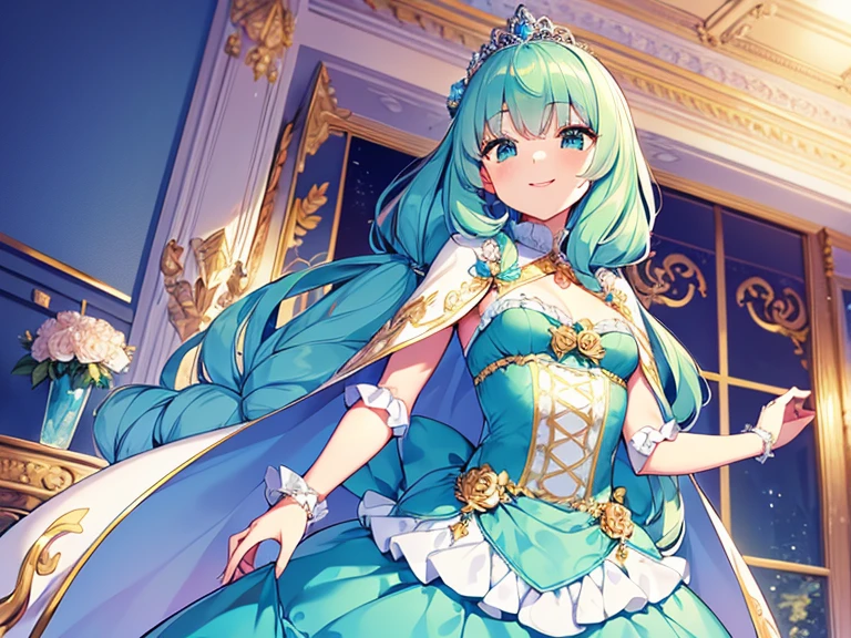 (kawaii),(best quality),(ultra detailed), upper body,(rococo style),(long train mint blue cape:1.05), very long cape,(long train mint blue ball gown with flower decorations:1.05), a girl is wearing a cape over her gown, 1 princess, tiara, smile, small breasts, very long hair