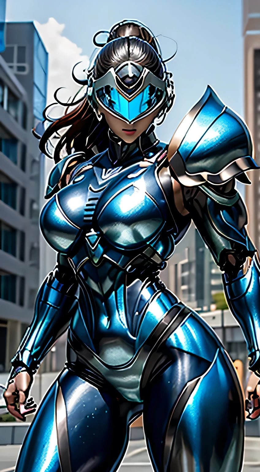 Female Robocop Solo、Bright outdoors、strong light source、8k, high quality, masterpiece, 最high quality、Very detailed、Full body armor、Very large armor、Helmet covering the head、Clear photos、The eyes are pale, Straight Goggles:1.3、The lower half of the face is meat:1.5、Human skin is exposed from the nose to the face.:5.0、Seductive lips、Navy blue metallic armor、Armor that completely covers the chest、length, Thin legs、Clear, poseable body views,Big and ample breasts:1.5, (Sports Body:1.5)、Five Fingers、Photos of the city