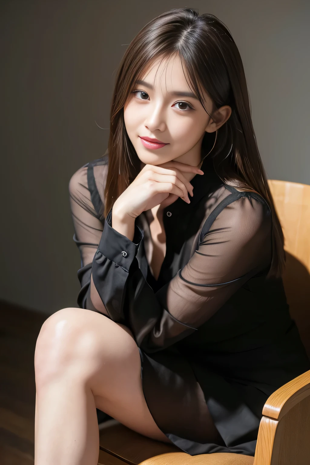 (RAW Photos), (Realistic), (masterpiece), (highest quality), High resolution, 8k, (Intricate details), (Volumetric Light), Portraiture, woman, Age 25, Medium Hair, Straight hair, Mid-chest, Layered Hair, Brown Hair, Very beautiful eyes, Source order, Very thin eyebrows, Very fine skin, Very beautiful mouth, Very nice nose, Cute like an idol, smile, (Thick lips), (Looking at the audience), (Black dress shirt with see-through collar), Above the knee shot、Sitting on a chair