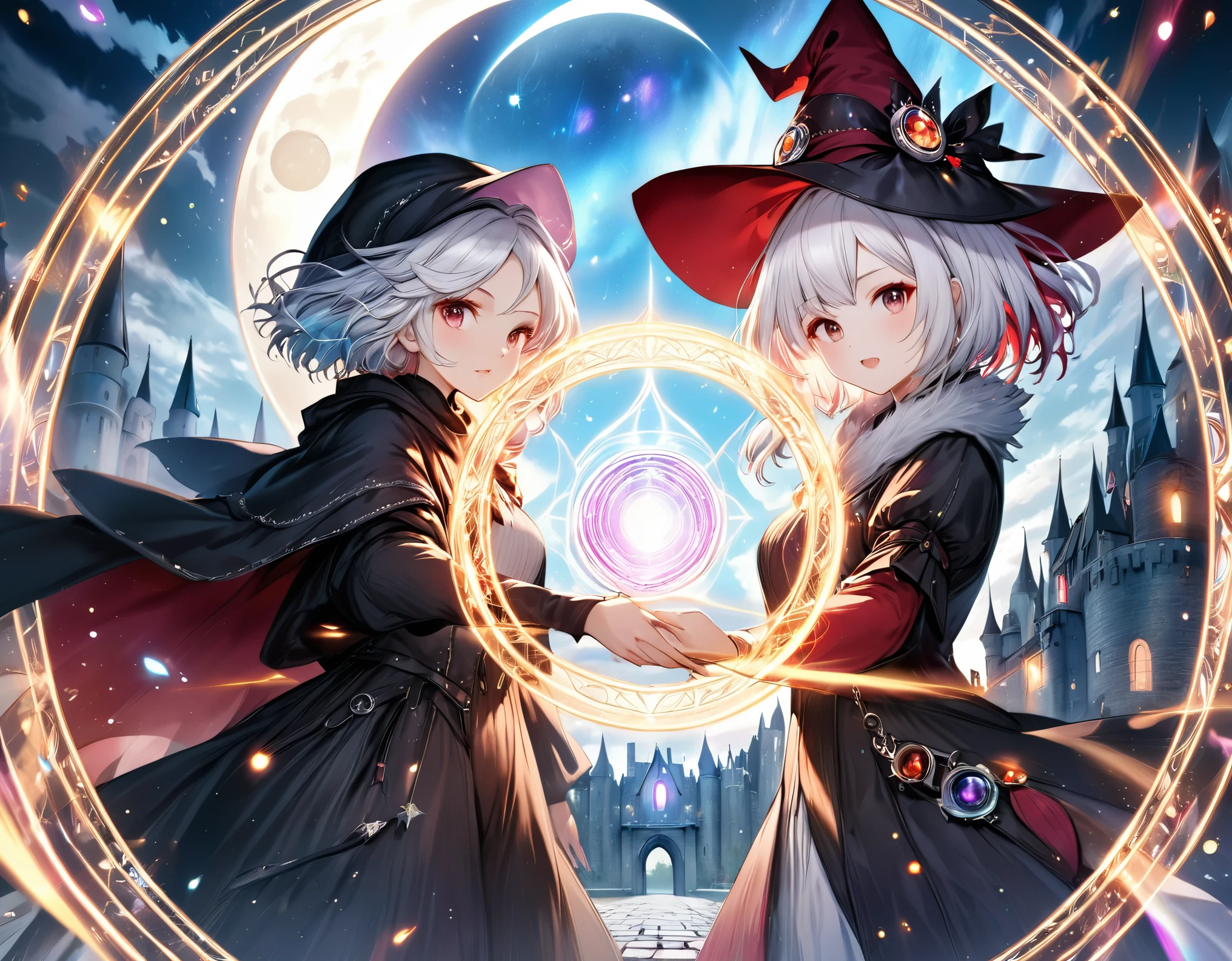 best quality, super fine, 16k, incredibly absurdres, extremely detailed, delicate and dynamic, a battle between a beautiful red witch and a cute short-white-haired black witch, iridescent magic circle, and flashy image effects, Northern Renaissance style old castle, silver plated moon