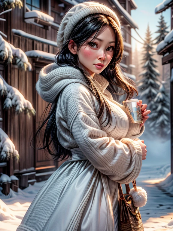 {Lucy Liu, linda, neve, frio, cachecol, toca, big white cup.