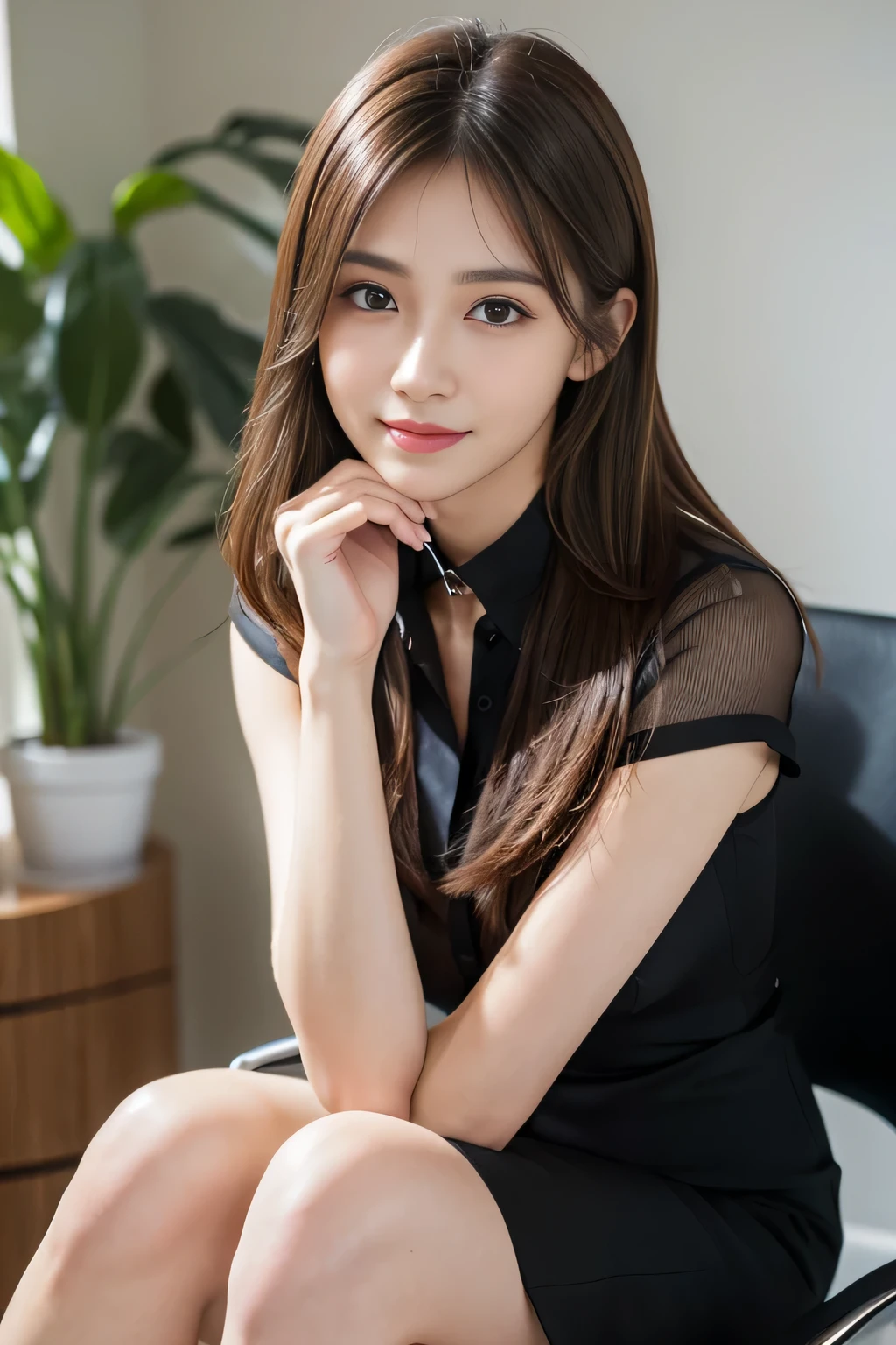 (RAW Photos), (Realistic), (masterpiece), (highest quality), High resolution, 8k, (Intricate details), (Volumetric Light), Portraiture, woman, Age 25, Medium Hair, Straight hair, Mid-chest, Layered Hair, Brown Hair, Very beautiful eyes, Source order, Very thin eyebrows, Very fine skin, Very beautiful mouth, Very nice nose, Cute like an idol, smile, (Thick lips), (Looking at the audience), (Black dress shirt with see-through collar), Above the knee shot、Sitting on a chair