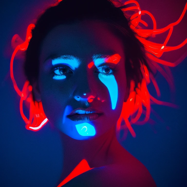 arafed image of a woman with a man's face in the background, glowing face, blue and red lighting, glowing blue face, red and blue lighting, red and blue back light, blue and red lights, red and blue neon, blue and red tones, light falling on face, face illuminated, glowing lens flare wraith girl, official artwork