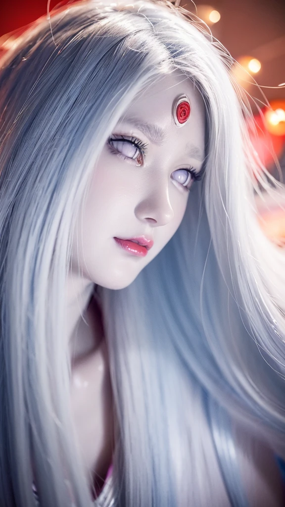 a close up of a person with long hair and a hoodie, otsutsuki kaguya, kaguya from anime naruto, as an anime character, perfect anime face, she has white hair with bangs, female anime character, anime character, anime best girl, hime cut hairstyle, white hair, (red glossy lips:1.3), white eyes, smile, city background, (beautiful face:1.3)