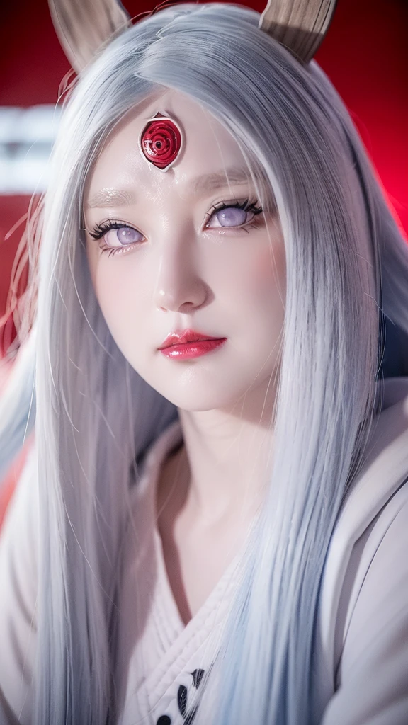 a close up of a person with long hair and a hoodie, otsutsuki kaguya, kaguya from anime naruto, as an anime character, perfect anime face, she has white hair with bangs, female anime character, anime character, anime best girl, hime cut hairstyle, white hair, (red glossy lips:1.3), white eyes, smile, city background, (beautiful face:1.3)