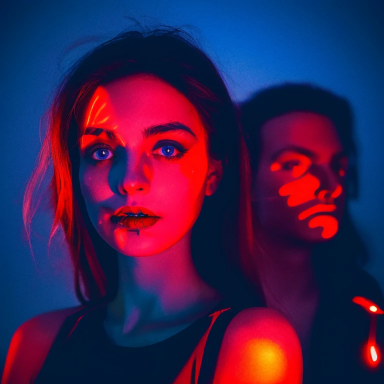 arafed image of a woman with a man's face in the background, glowing face, blue and red lighting, glowing blue face, red and blue lighting, red and blue back light, blue and red lights, red and blue neon, blue and red tones, light falling on face, face illuminated, glowing lens flare wraith girl, official artwork