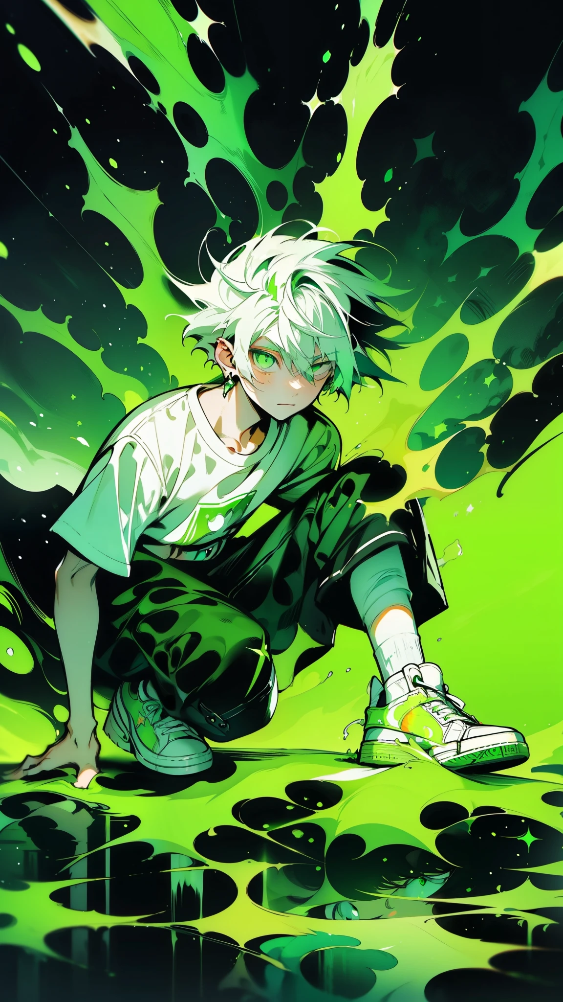 ((adolescent with green eyes and white hair, dressed in a white t-shirt, white shoes)), facing an intense action movie scene. His hair is moving upwards, ((and green lightning is crackling around him)), serious face, dynamic composition, sharp focus, dramatic lighting. fantasy world, dark background, clean design, epic, artstation, colorful paint splatter, silhouette, hyper detailed intricate details, unreal engine, fantasy, splash screen, complementary colors, deviantart masterpiece, oil painting, heavy strokes, paint dripping, indifferent expression