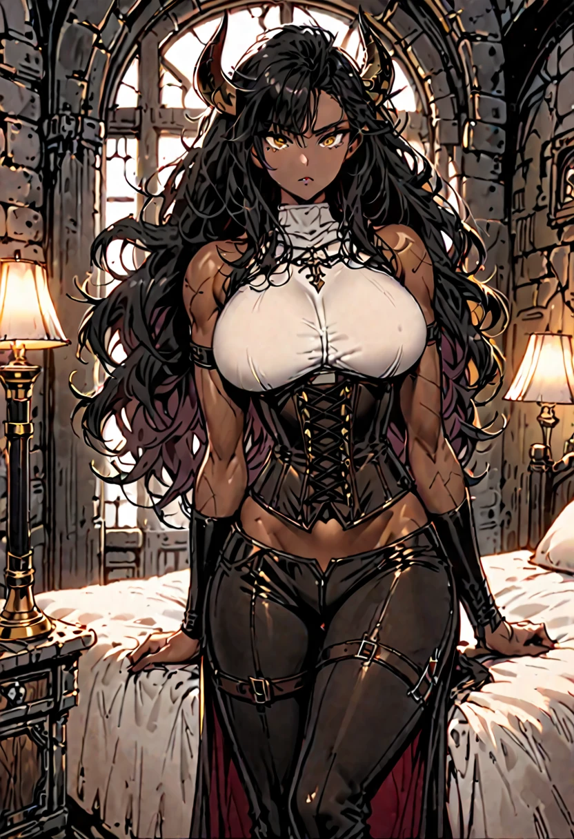 solo, female, sfw, medium shot, imposing, deep brown skin, muscular, golden eyes, wild hair, black hair, very long hair, messy hair, curly hair, broad shoulders, strong jawline, curved horns, black horns, extremely tall, graceful, huge breasts, leather corset, hourglass figure, tight-fitting breeches, scars, bed, medieval, lamp, warm